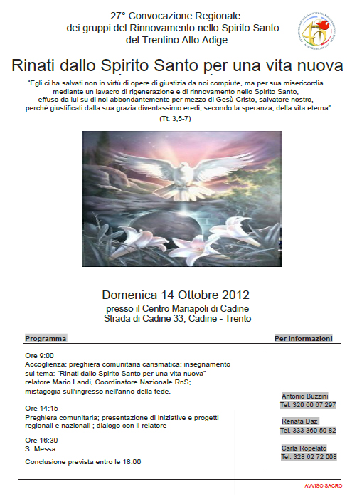 Convocazione Regionale RnS in Trentino A. A.
