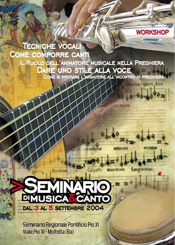 TESTO LOCANDINA: Tecniche vocali, come comporre canti, il ruolo dell'animatore nella preghiera, dare uno stile alla voce, come si prepara l'animatore all'incontro di prehiera. Seminario Musica e Canto, Seminario Regionale Pontificio Pio XI, viale Pio XI, Molfetta (BA)