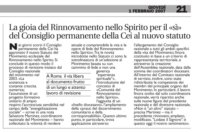 Quotidiano Avvenire del 01.02.2007
